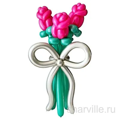 Букет из 3 пастельных роз из шаров с зелёными и серебристыми деталями