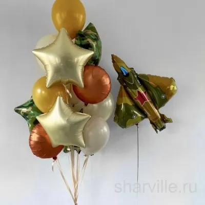Военный самолёт из фольги и фонтан из камуфляжных звёзд, кругов и шаров