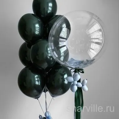 Набор: прозрачный Bubble 60 см с перьями и 10 изумрудных шаров даблстафф