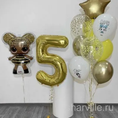 Композиция с куклой LOL 84 см, цифрой 90 см и бело-золотым фонтаном из 10 шаров
