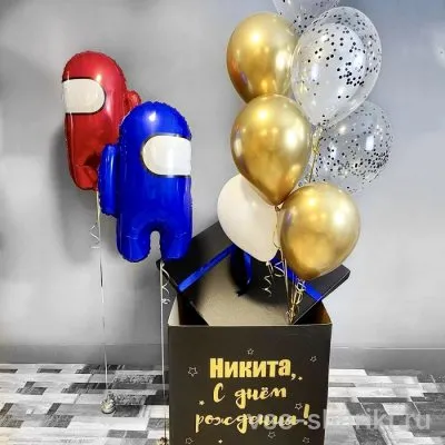 Коробка-сюрприз с космонавтиками Among Us и фонтаном из 9 шаров