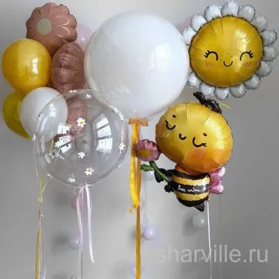 Композиция из фольгированных солнышка, пчёлки 72 см и трёх цветочков с баблсом