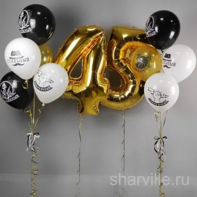 Два фонтана с комплиментами и две фольгированные цифры для юбилея мужчины