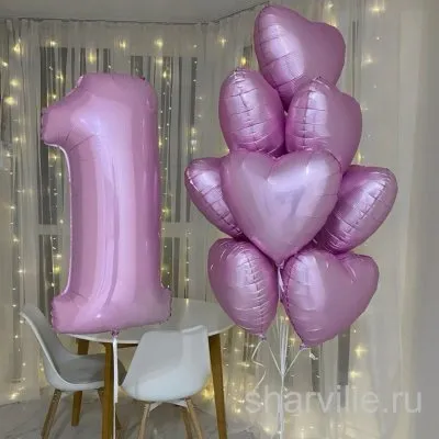 Букет из 8 сиреневых сердец 45 см и фольгированной цифры, в базовом варианте 1