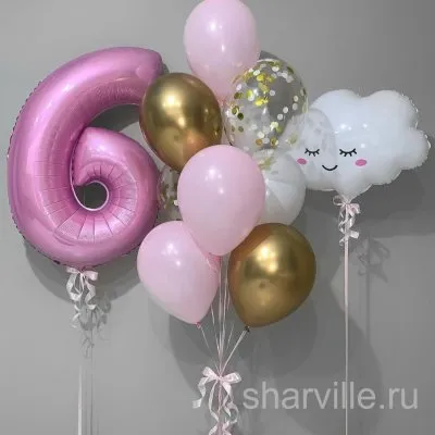 Композиция на день рождения: цифра 6, облачко-смайлик и фонтан из 9 шаров