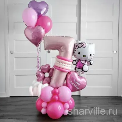Композиция с Hello Kitty, розовой цифрой и сердцем «Happy Birthday»