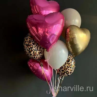 Фонтан из 4 сердец, 2 кругов с леопардовым принтом и 2 белых шаров