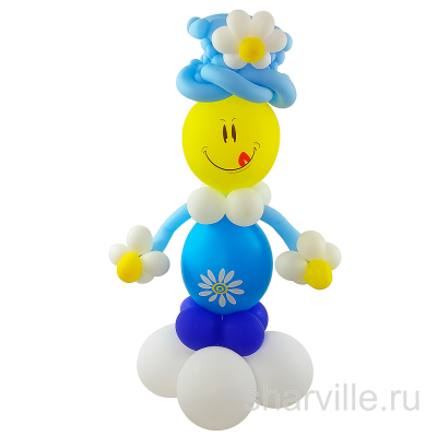 Фигура клоуна-смайлика из шаров: жёлтая голова, язык наружу, высота 1 метр