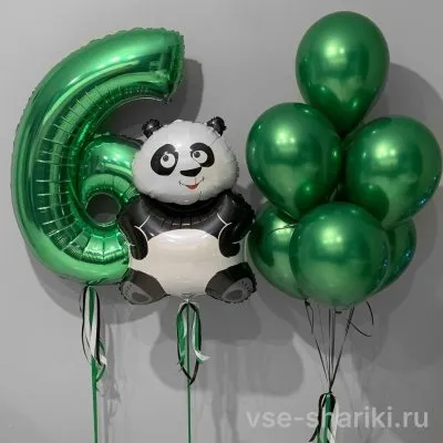 Связка из семи зелёных шаров хром с пандой и цифрой