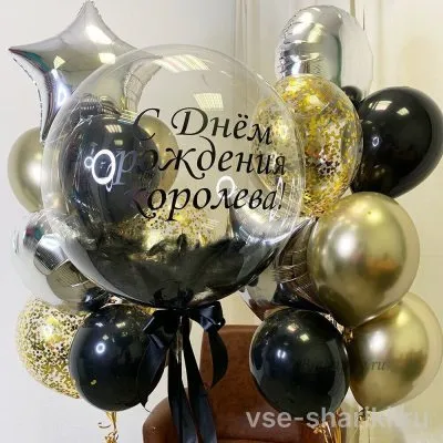Композиция: баблс с чёрными перьями и два чёрно-золотых фонтана