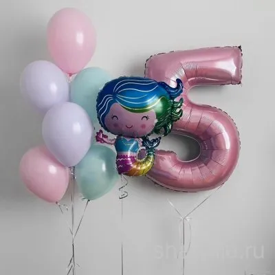 Композиция для девочки на 5 лет: русалочка, розовая цифра и пастельные шары