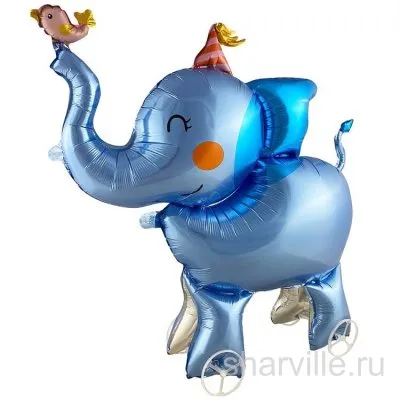 Голубой слонёнок на колёсиках с птичкой на хоботе, ходячий шар на воздухе