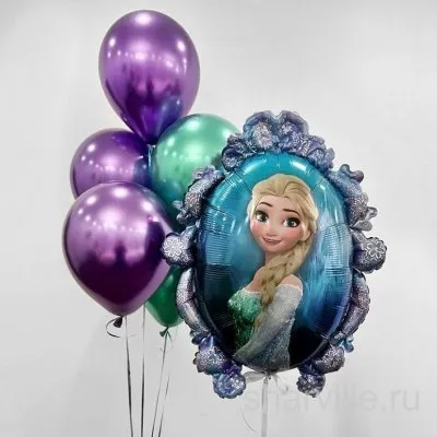 Связка из 7 шаров: зеркало с Эльзой и 6 шаров хром в синих и фиолетовых тонах