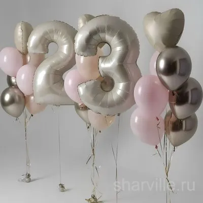 Композиция из двух цифр 90 см и трёх фонтанов по 7 шаров, розовое золото