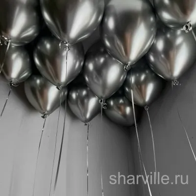 Шары под потолок: 12 серебристых хромированных шаров 30 см с лентами