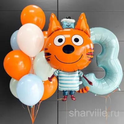 Композиция с Коржиком, цифрой и фонтаном из десяти оранжевых и голубых шаров