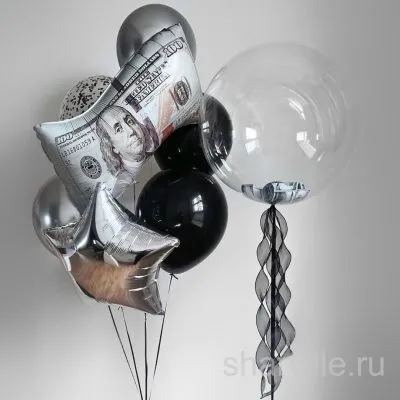Денежный набор: баблс с пятью бумажными долларами внутри и фонтан из 7 шаров