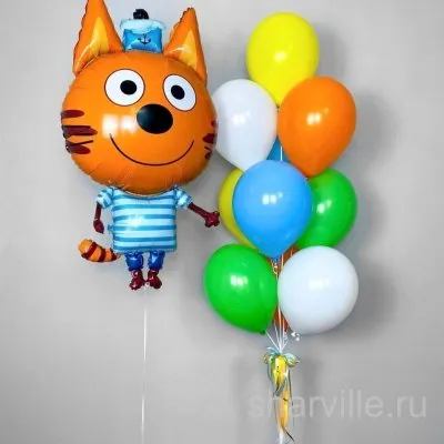 Фонтан с котёнком Коржиком из мультфильма «Три кота» и десятью шарами