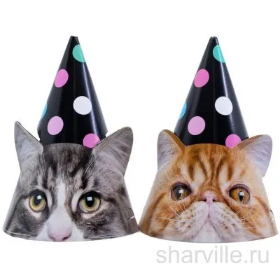 Колпаки-котики: рыжий и серый кот в разноцветных шапочках, 6 штук