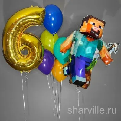 Фонтан для геймера: Стив из Майнкрафта, золотая цифра 90 см и пять шаров