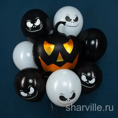 Фонтан из 11 шаров на Хэллоуин: тыква из фольги и чёрно-белые шары