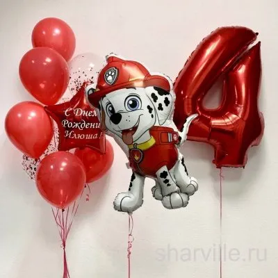 Композиция с Маршалом из «Щенячьего патруля», цифрой, именной звездой и фонтаном