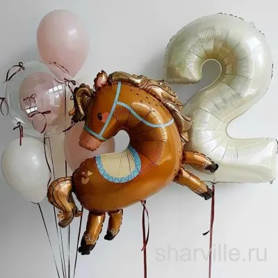 Набор: фольгированная лошадка, цифра, прозрачный баблс и бантики-цветочки из атласа