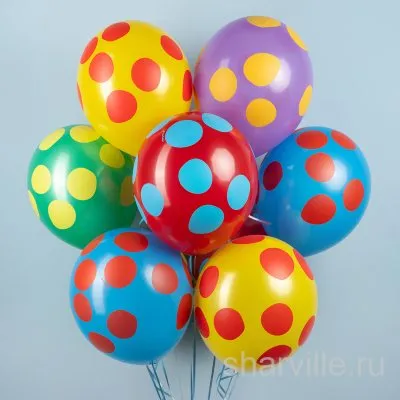 Шар 30 см в крупный горох: жёлтый, голубой, зелёный, алый или сиреневый фон