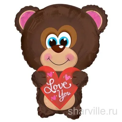 Фольгированная фигура медвежонка с сердцем и надписью Love You, 68 см
