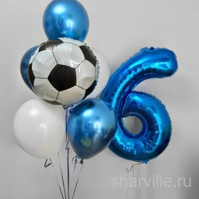 Сине-белый футбольный фонтан: цифра 90 см, три шара хром и круг с мячом