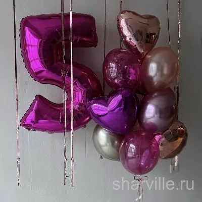 Композиция для девочки: цифра фуксия, два сердца, круг и шары хром с конфетти