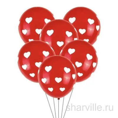 Красный шар 30 см с белыми сердечками разной величины