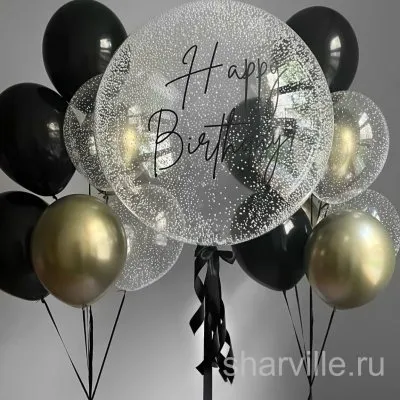 Набор из шара Bubbles с белым конфетти и двух чёрно-золотых фонтанов по 7 шаров