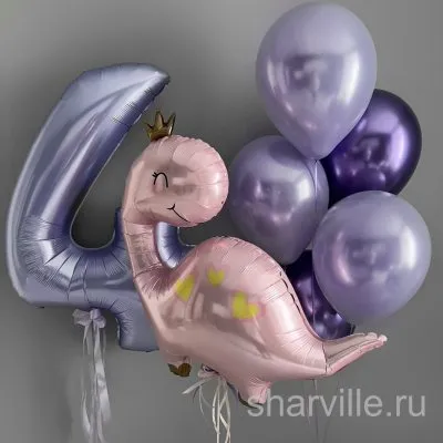 Фонтан для девочки с розовым динозавром в короне, цифрой 4 и лавандовым хромом