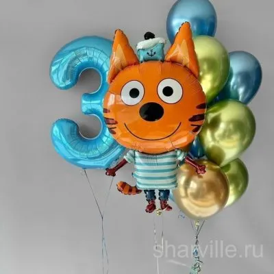 Композиция с Коржиком 86 см, цифрой 90 см и восемью шарами хром