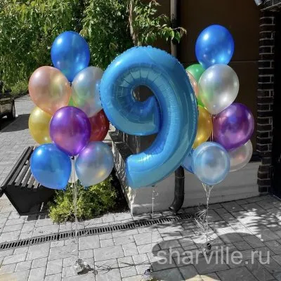 Набор для детского праздника: голубая цифра 9 и два фонтана из 20 шаров металлик