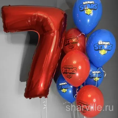 Композиция в стиле Brawl Stars: красная цифра и фонтан из семи шаров с логотипом