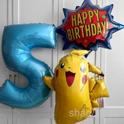 Композиция Пикачу, цифра и разноцветный шар «Happy Birthday» из фольги