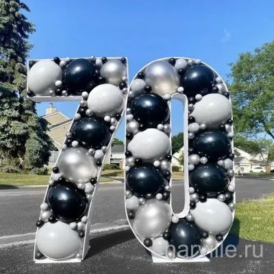 Аэромозаика к юбилею 70 лет: цифры из чёрных, серебристых и белых шаров, 140 см
