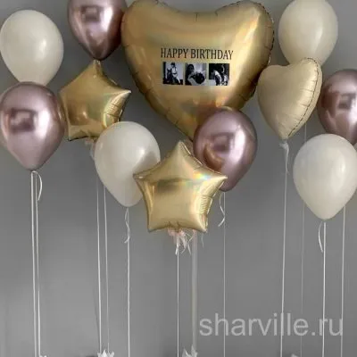 Пастельная композиция из 12 шаров с золотым фотосердцем и двумя звёздами