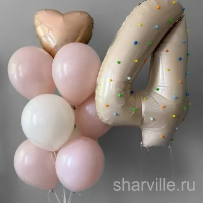 Бело-розовый фонтан с цифрой 4, золотым сердцем 45 см и девятью шарами