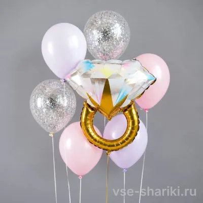 Набор воздушных шаров на девичник "Бриллиантовое колечко" в нежно-розовых и сиреневых оттенках