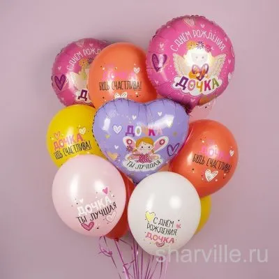 Фонтан из 12 шаров с надписями для дочки и сердцем с феей на день рождения