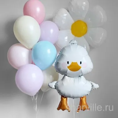 Фонтан из 10 шаров в пастельных тонах с утёнком 81 см и ромашкой 100 см