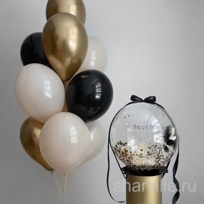 Бабл-бокс и фонтан из 10 шаров в чёрном и золотом, прозрачный шар с надписью