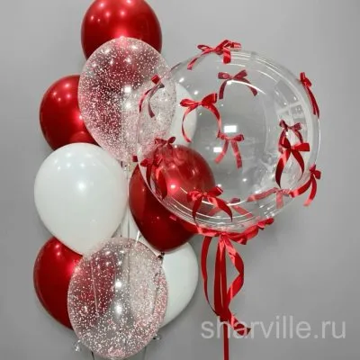 Композиция из Bubbles с красными бантами и фонтана из 10 красно-белых шаров