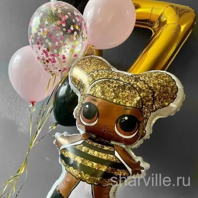 Золотая связка из 7 шаров с куклой LOL Квин Би 86 см и цифрой 90 см