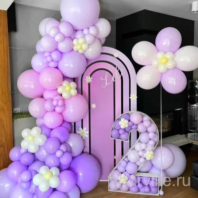 Фотозона для дня рождения девочки: сиренево-розовый баннер, цифра и цветок из шаров