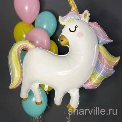 Фонтан с крупным фольгированным единорогом и 9 пастельными шарами разных оттенков