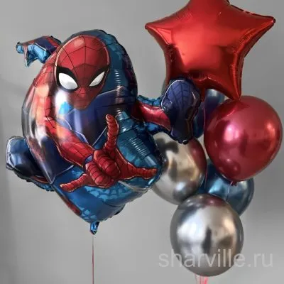Фонтан из 7 шаров с Человеком-пауком: звезда 45 см и 5 зеркальных шаров хром